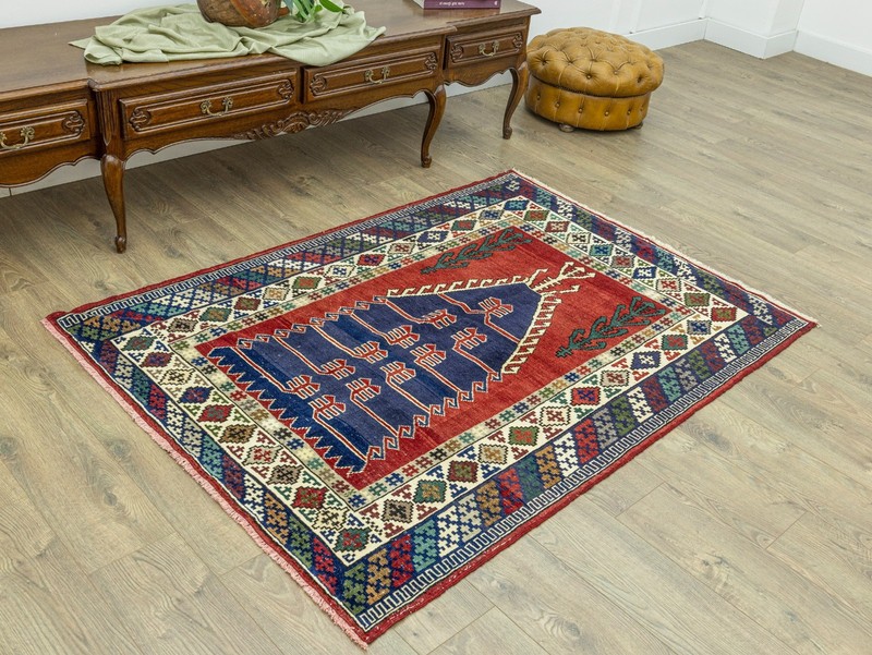 Vintage Turkish Anatolian Hand-Knotted Wool Prayer Rug Red Navy 4'3" x 5'11" ft gallery