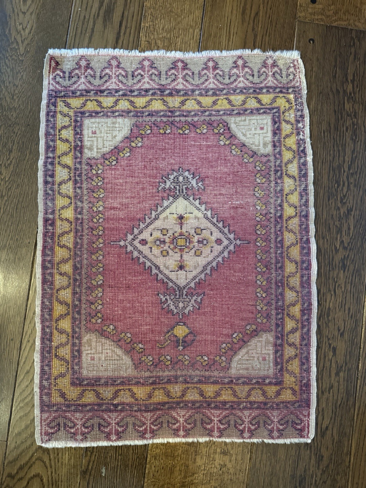 Small Vintage Turkish Hand Woven Rug Door Mat 2’ 8” X 1’ 10.5” Yellow Magenta gallery