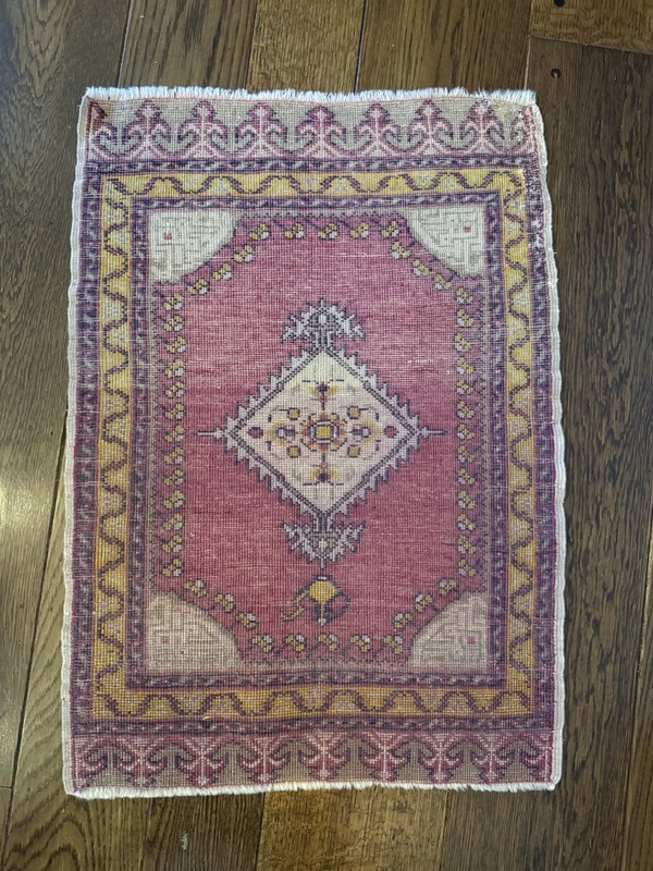 Small Vintage Turkish Hand Woven Rug Door Mat 2’ 8” X 1’ 10.5” Yellow Magenta gallery