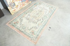 4×7 Turkish Antique Small Rug Hand-Knotted Neutral Vintage Oushak Wool Rug,1465
