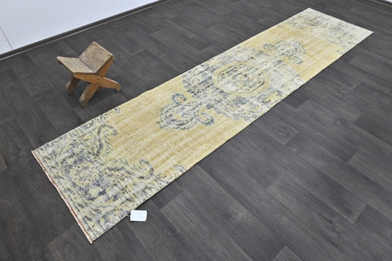 Vintage Turkish Runner Rug 2x10ft Wool Anatolian Handmade Hallway Oushak YELLOW gallery