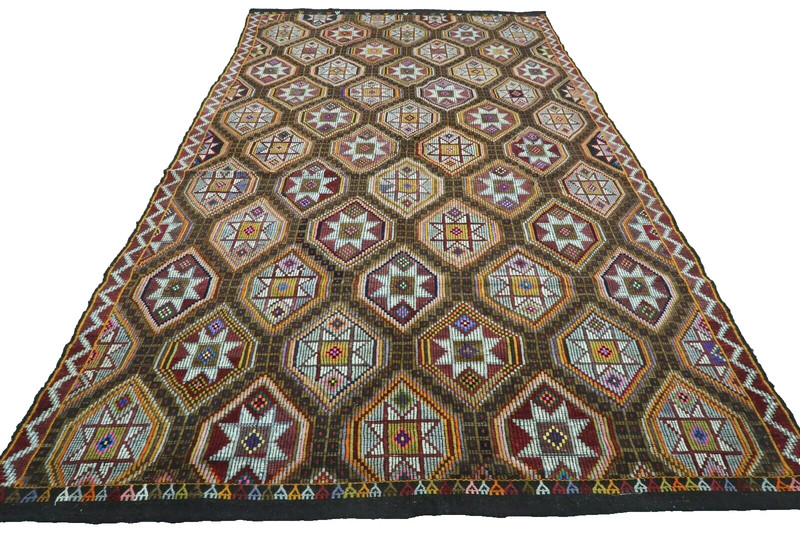 Large Star Embroidered Multicolor Cecim Kelim, Handwoven Turkish Rug 81"x140" gallery