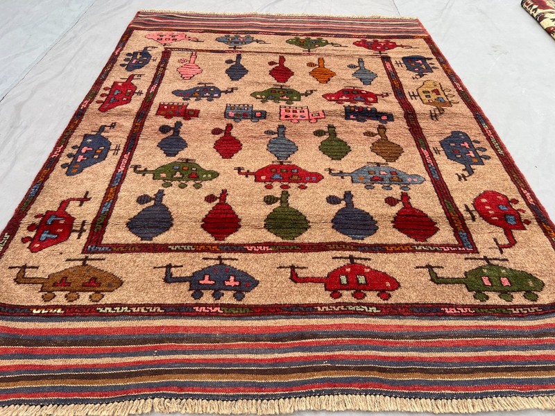 Beige 4x6 Afghan War Rug Hand Knotted Wool Vintage Pictorial Tribal Office Rug gallery