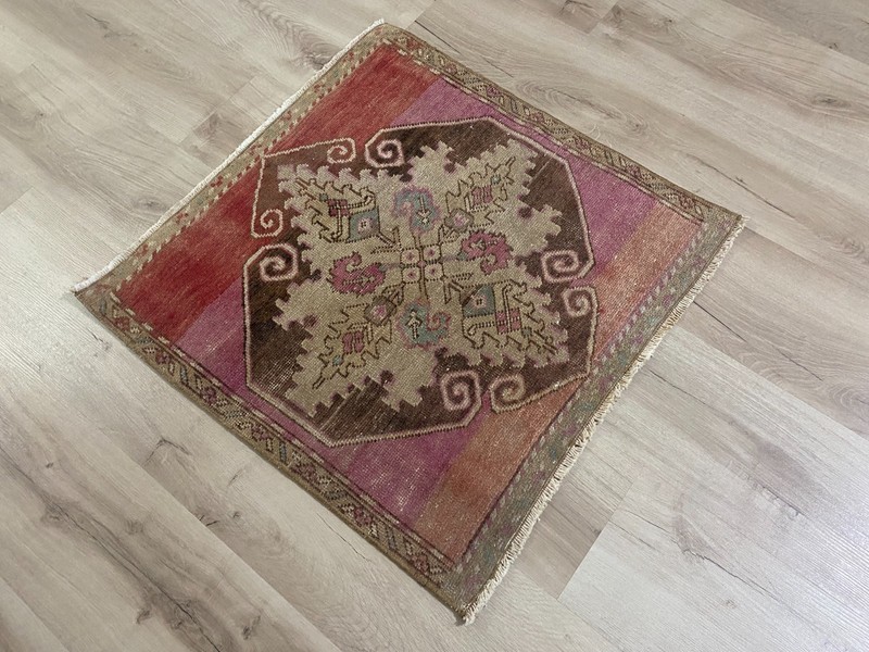 Vintage Turkish Area Rug 2.2x2.2 Ft Hand Knotted Wool Boho Accent Carpet gallery