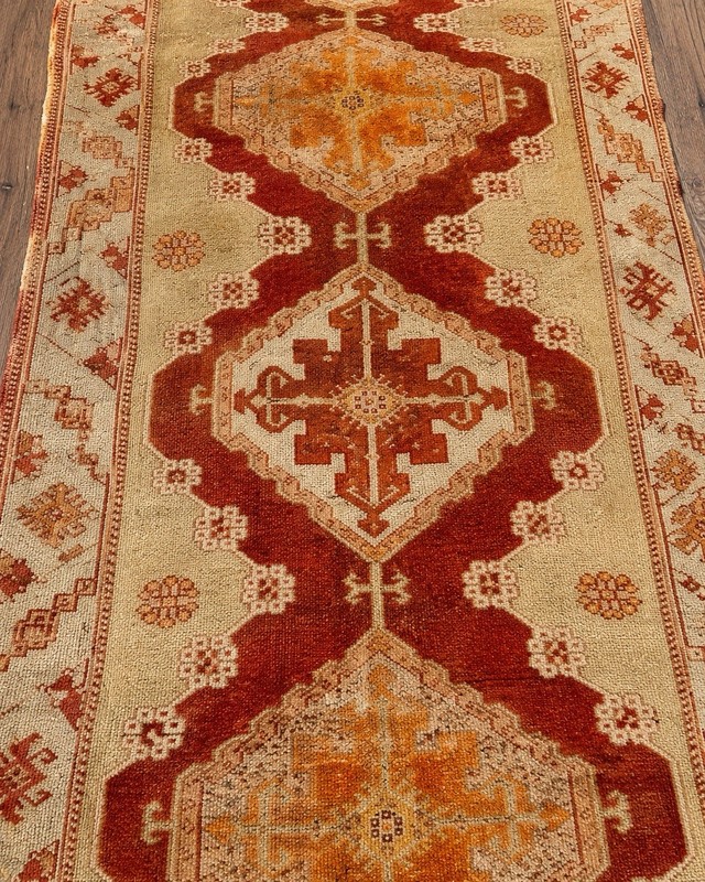 Antique Hand Knotted Wool Runner Rug 4’ x 11’10” Rust Ivory Geometric Armenian gallery
