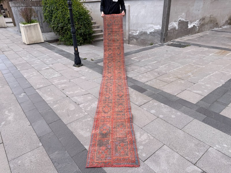 Vintage Turkish Runner Rug 1.5x11.6 ft Red Blue Oushak Hallway Rug gallery