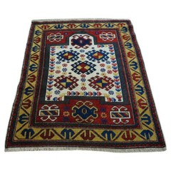 Handmade Antique Caucasian Kazak Prayer Rug 2.9′ x 3.6′ (90cm x 112cm), 1930s –