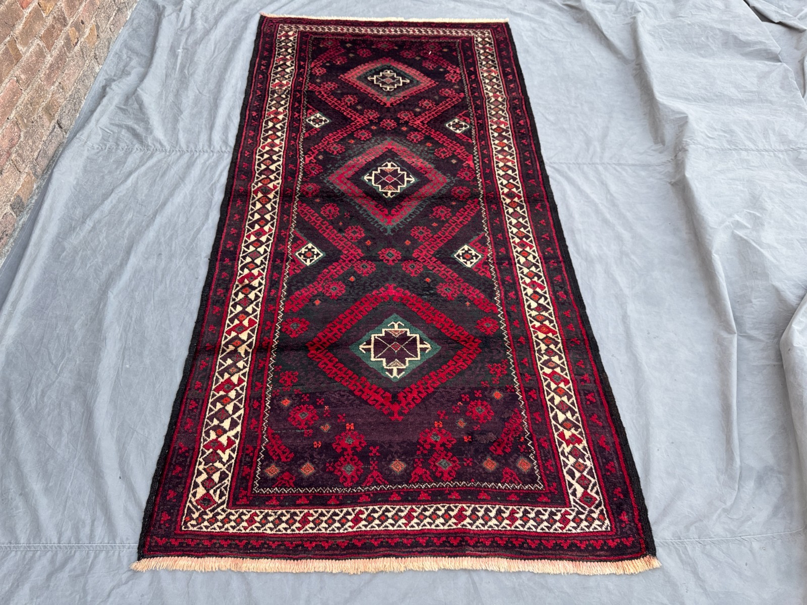 4'2x8'5 ft Vintage Afghan Baluchi Rug, Red & Black Geometric Diamond Design gallery