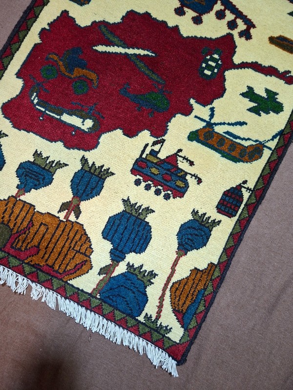 M06 Vintage Afghan War Rug 9/11 Handmade Wool Pictorial Tribal Rug 82x61 Cm gallery