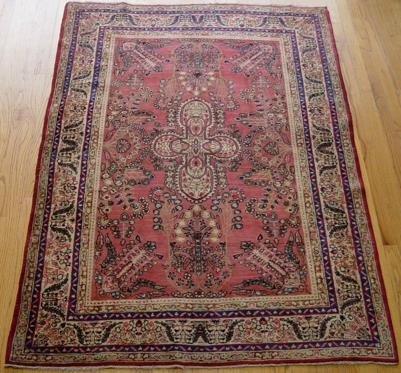 Antique 1880s Kermann Hand Knotted Wool 4'3" x 6'5" Pink Rose Oriental Rug gallery