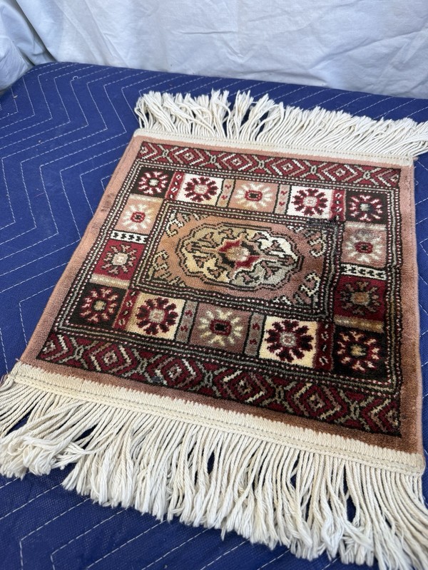 Vintage Miniature Oriental Style Medallion Rug Mat Fringe Red Cream 11" x 12" gallery