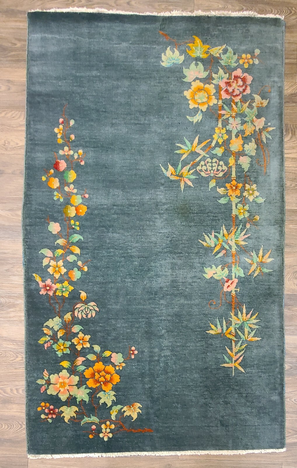 Antique handwoven authentic Chinese olive green rug size 4x6'9" circa 1920s gallery
