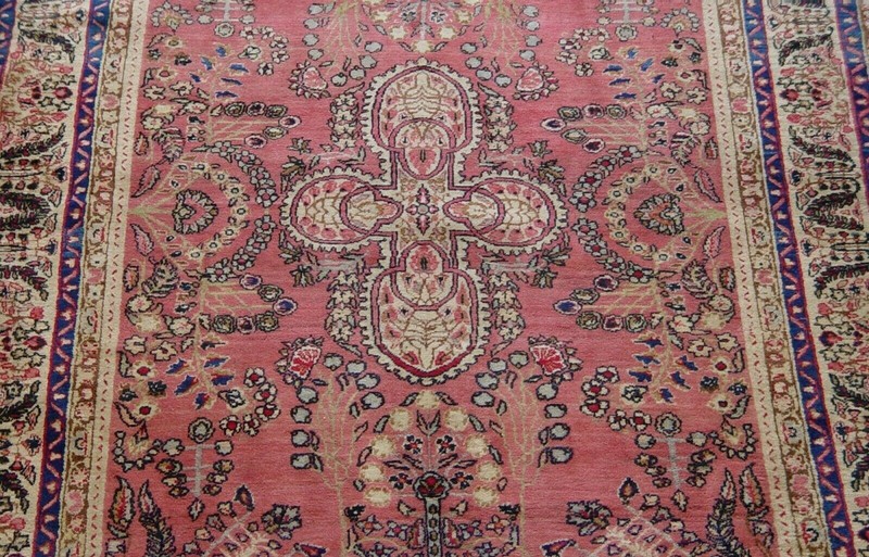 Antique 1880s Kermann Hand Knotted Wool 4'3" x 6'5" Pink Rose Oriental Rug gallery