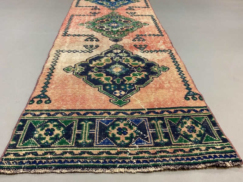 Distressed Turkish Runner 360x79 cm wool Vintage Tribal Rug Pink Green gallery