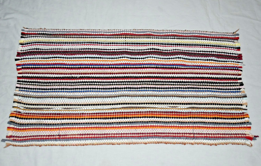 PRIMITIVE VINTAGE striped RAG RUG BLUE white red+ 44 1/2" X 24 1/2" FARM EUC
