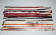 PRIMITIVE VINTAGE striped RAG RUG BLUE white red+ 44 1/2″ X 24 1/2″ FARM EUC