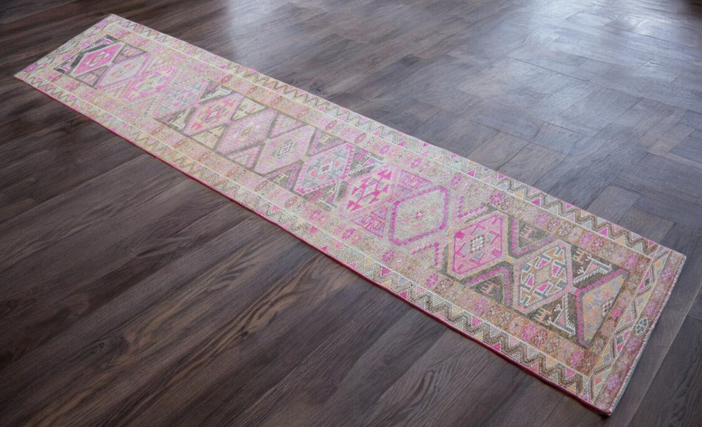 3x12 Runner Turkish Rug Hand Made PINK Hallway Rug Low Pile. Actual 2.7 x 12 ft