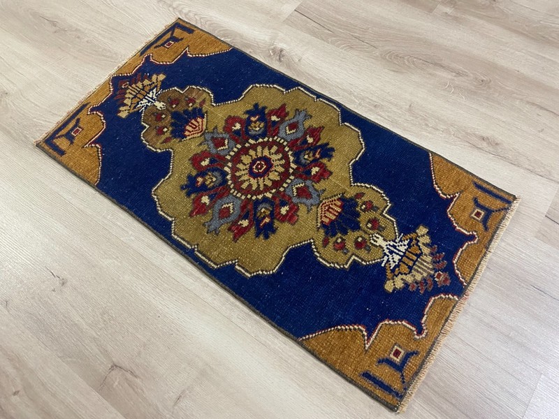 Vintage Turkish Hand Knotted Wool Runner Rug 1.3x2.6 Ft Blue Anatolian Rug gallery