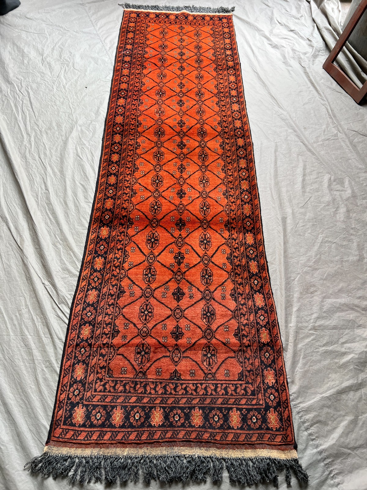 2'9x9'9 ft Vintage Afghan Hand Knotted Wool Orange All Over Lattice Runner Rug gallery