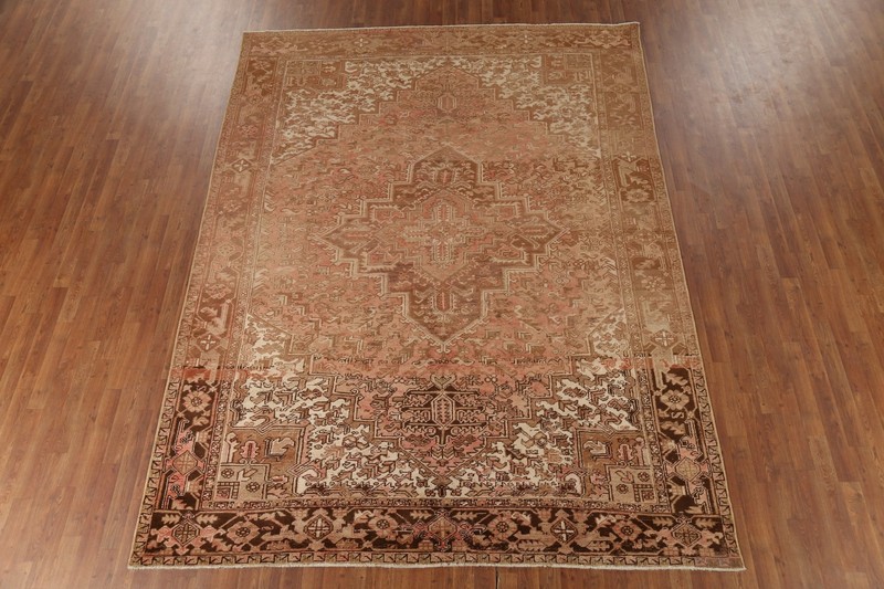 Vintage Pink/ Dark Brown Handmade Geometric Heriz Living Room Rug Carpet 8x11 gallery