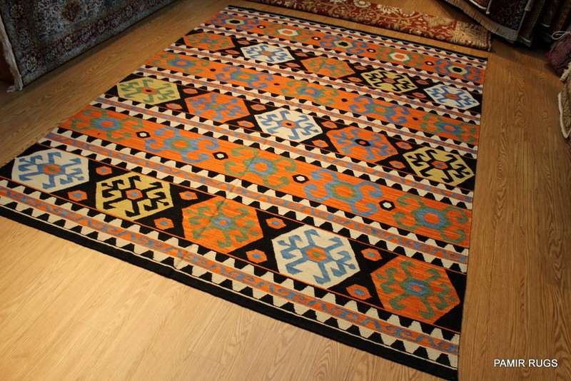 _HAND_MADE_KILIM_9' x 12' Southwestern style SHIRVAN CAUCASIAN Black ORANGE RUG gallery