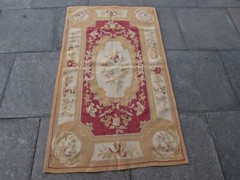 Vintage Hand Made French Design Wool Beige Red Original Small Aubusson 157X92cm