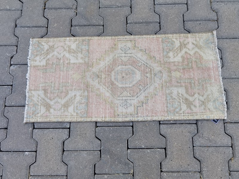 Muted Pink Oushak Wool Rug 16"x35" Small Vintage Runner Blush Cream Green gallery