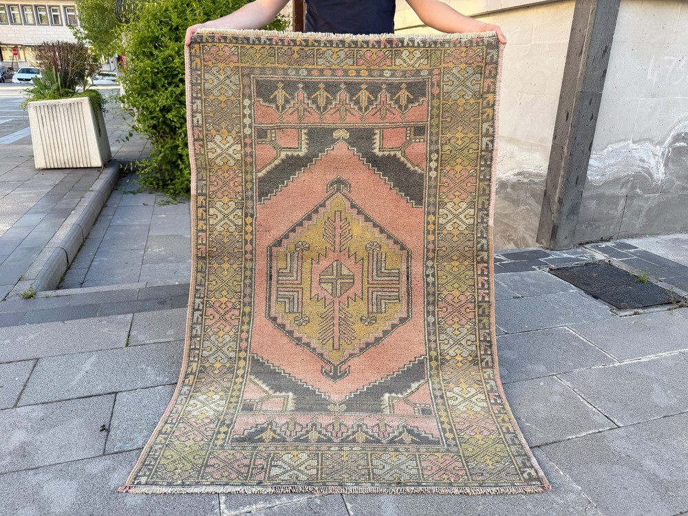 Vintage Turkish Oushak Rug 3.6x5.5 ft Pastel Pink Handmade Wool Area Rug