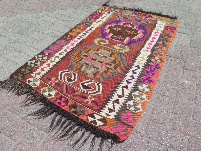 Vintage Turkish Brown Orange Geometric Accent Rug Kelim Carpet 56"X34" gallery