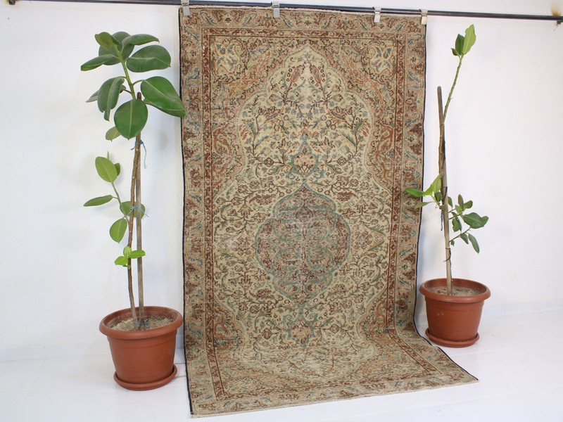 Vintage Turkish Rug 4.3x7.9 ft – Hand Knotted Wool Carpet, Beige Rust & Blue gallery