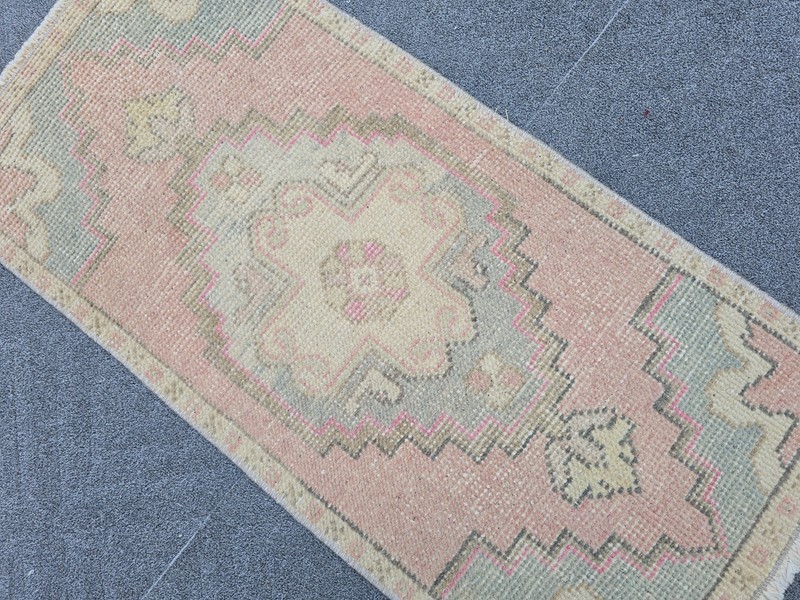 Vintage Turkish Oushak Rug 1.3x2.8 Hand Knotted Wool Pink Blue Cream Boho gallery