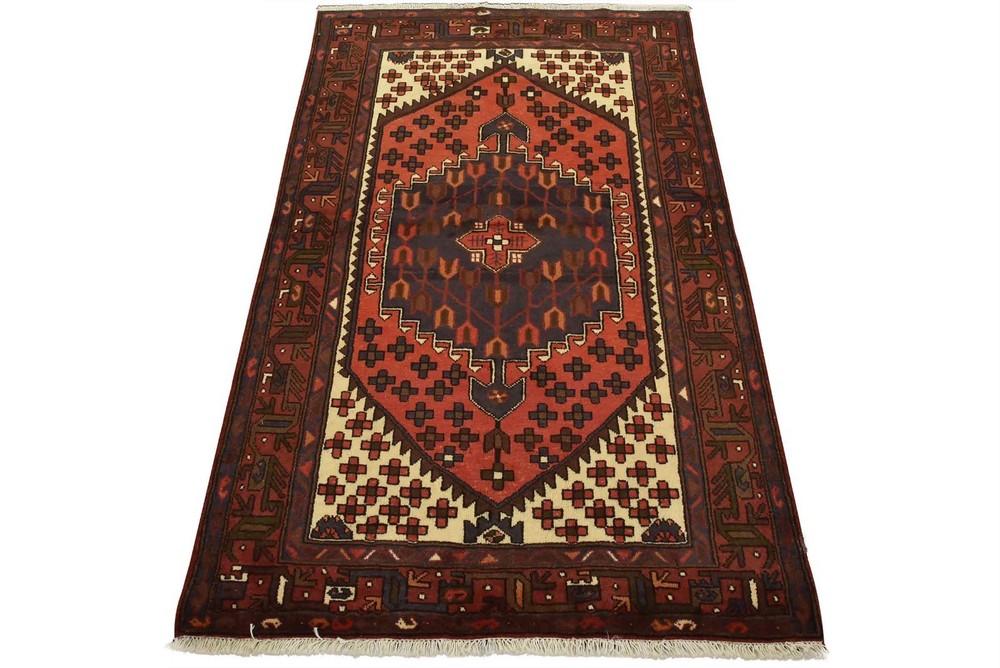 Hamedan Rug 4’1” x 6’4” Red Wool Vintage Tribal Hand-Knotted Oriental Carpet