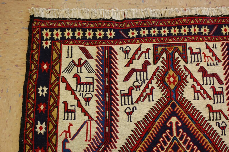 c1930s ANTIQUE SO MUCH DETAILS CAUCASIAN SOUMAK KILIM 3.5x8.11 CRITTER LOVERS gallery