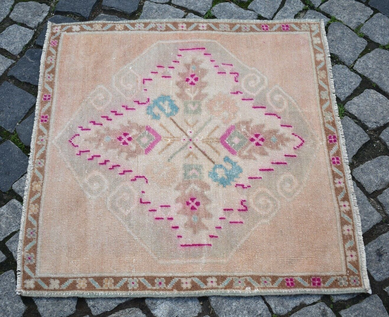 Vintage Anatolian Rug 2'5'' x 2'4'' ft Turkish Hand Knotted Oushak Wool Pile Rug gallery
