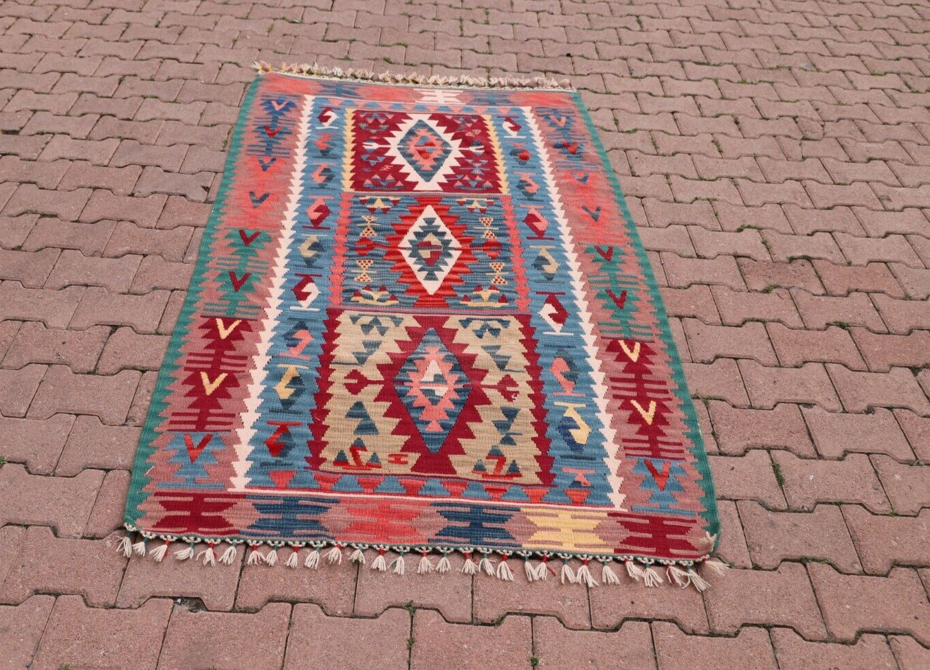 Blue Handmade Kilim Cappadocia Vintage Carpet Anatolian Tribal Accent Rug 4x7 ft gallery