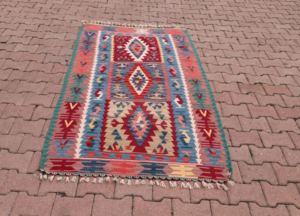 Blue Handmade Kilim Cappadocia Vintage Carpet Anatolian Tribal Accent Rug 4x7 ft