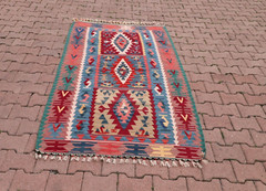 Blue Handmade Kilim Cappadocia Vintage Carpet Anatolian Tribal Accent Rug 4×7 ft