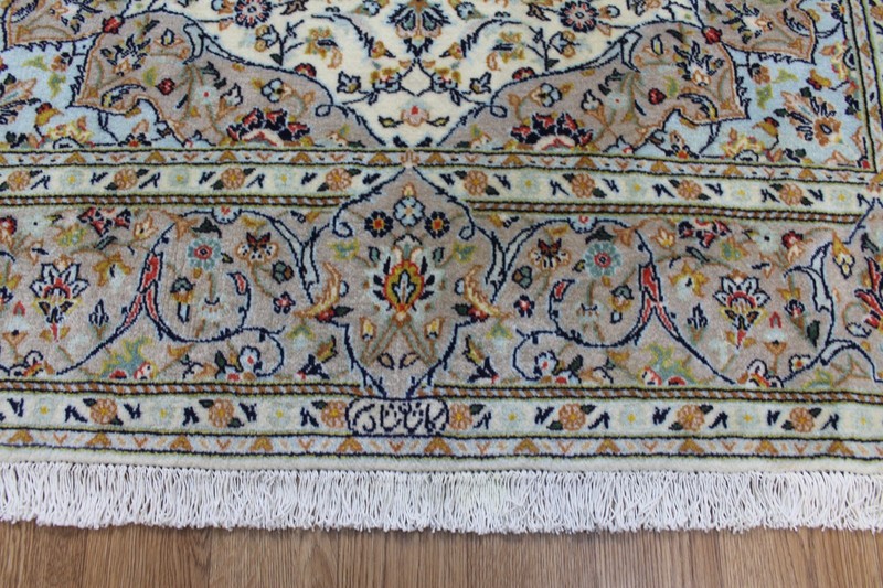 Fine Keshan Rug 218x145cm Hand Knotted Kurk Wool Signed Ivory Floral Medallion gallery