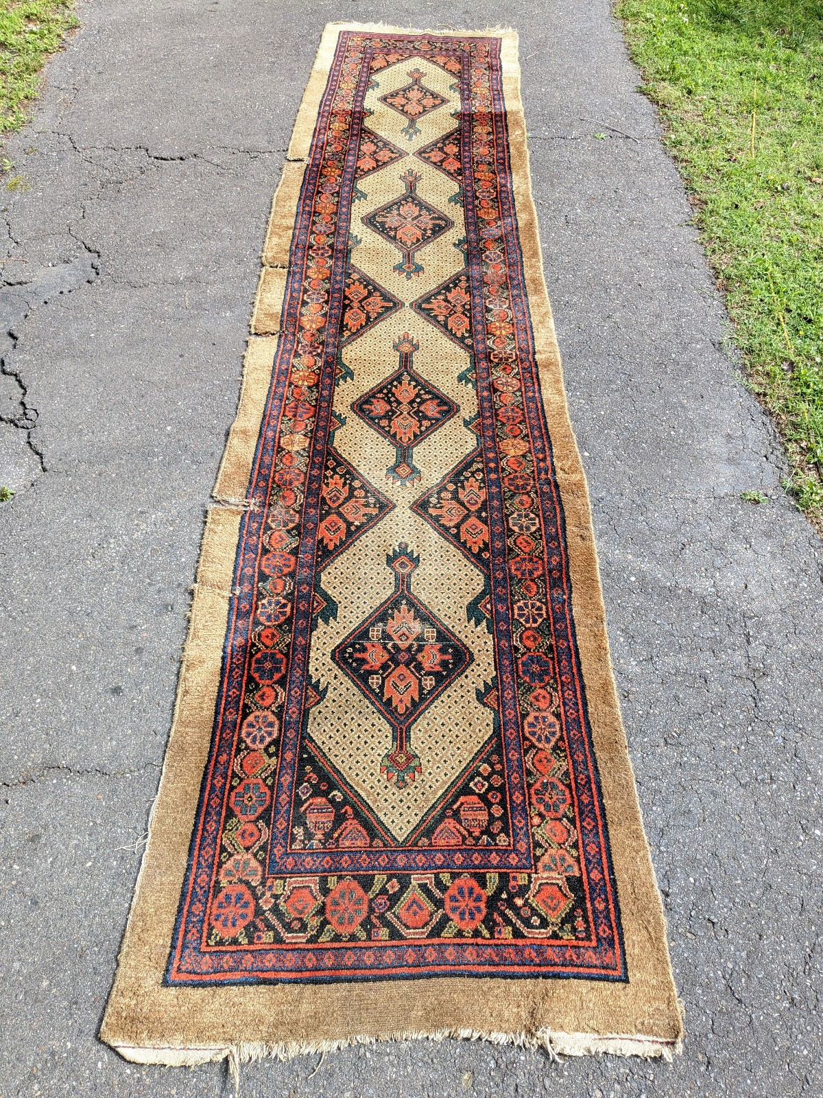 Antique 15' x 3' Runner Rug Geometric Red Tan Blue Brown Distressed gallery