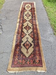 Antique 15′ x 3′ Runner Rug Geometric Red Tan Blue Brown Distressed