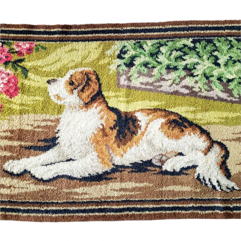 Vintage Cut Pile Wool Rug Dog In Garden Scene 4 Feet Long gallery