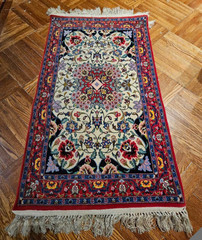 1960’s Oriental Slavic Middle East Floral Rug Red Blue w/ Flowers 49X 26in”- A30