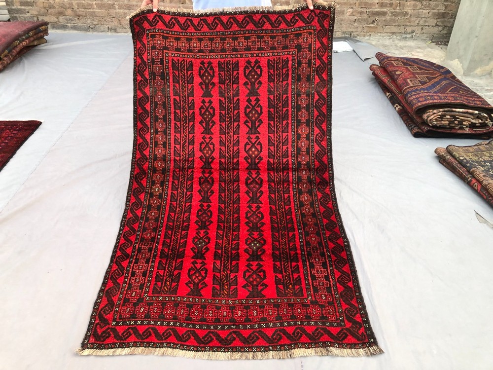 3'7 x 6'0 ft Vintage Afghan Hand Knotted Rug Tribal Wool Red Geometric Carpet