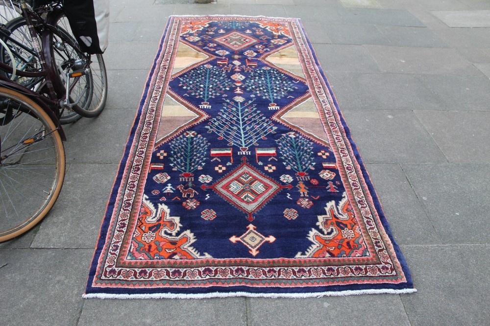 Vintage Hand Made Traditional Oriental Wool Blue Orange Large Long Rug 330x132cm