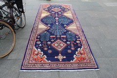 Vintage Hand Made Traditional Oriental Wool Blue Orange Large Long Rug 330x132cm