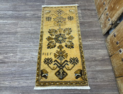 1×3 Gold and Brown Vintage Turkish Door mat, Small Area Rug, Entrance Floor Mat