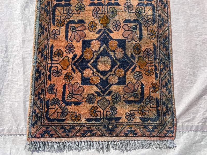 Faded Hand Knotted Afghan Runner Rug 2x5 ft Geometric Turkmen Terracotta Carpet gallery