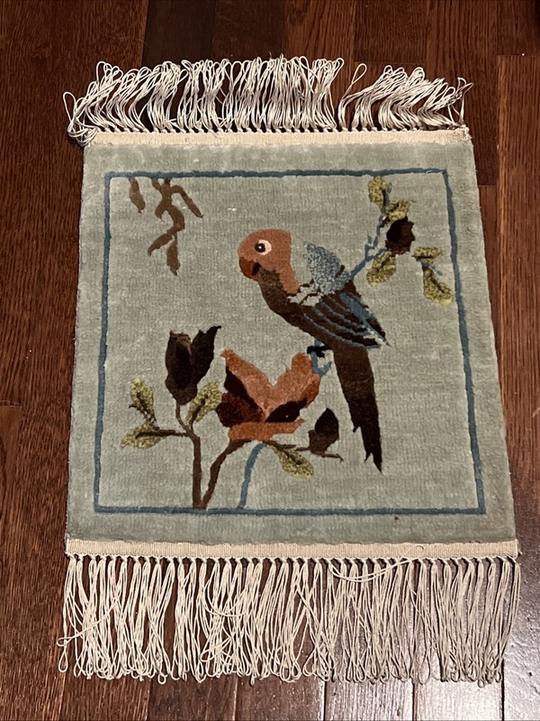 Chinese Silk Parrot Bird on Branch Rug Wall Hanging 12” X 13” Dresser Pad gallery