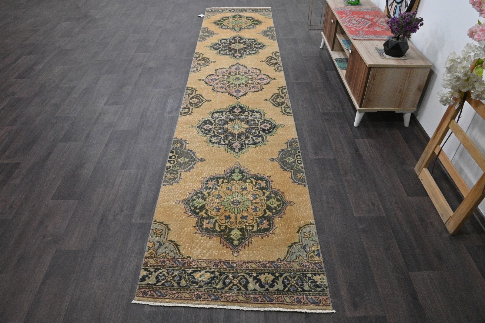 Vintage Turkish Runner Rug 3x13ft BEIGE Handmade Anatolian Oushak Hallway Wool gallery