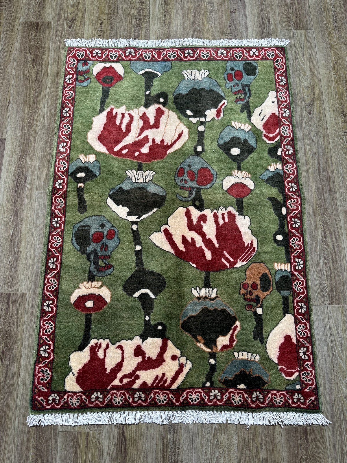 Afghan War Rug 2'7x4' Hand Knotted Wool Skull Poppy Green Oriental Wall Art Rug gallery